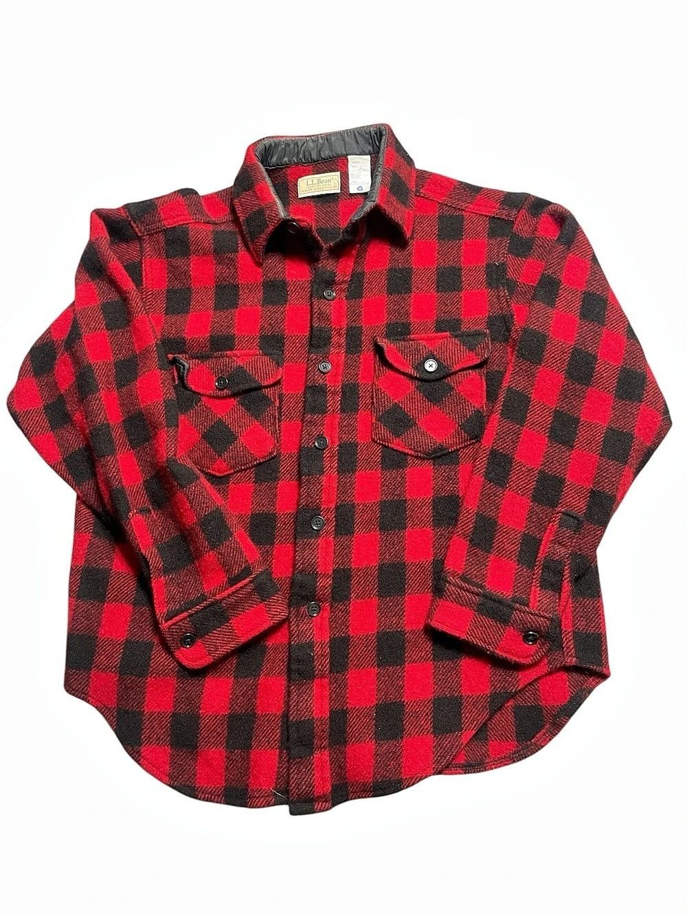LL Bean Maine Guide Wool Shirt Jacket L Buffalo Plaid Red Black USA Vintage 80s